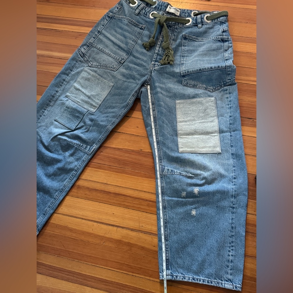 Free People Women's Boyfriend Jeans - Light Blue Denim with Olive Drawstring - Picture 10 of 11
